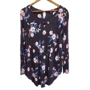 Torrid Womens 2 Black Floral Boho Peplum Tunic Top Long Sleeve Flowing Blouse